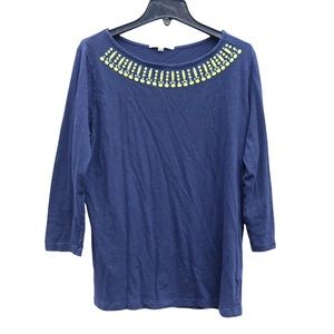 GAP Blue Beaded Bateau Neck Modal 3/4 Sleeve Casual Blouse Shirt Pullover Top L